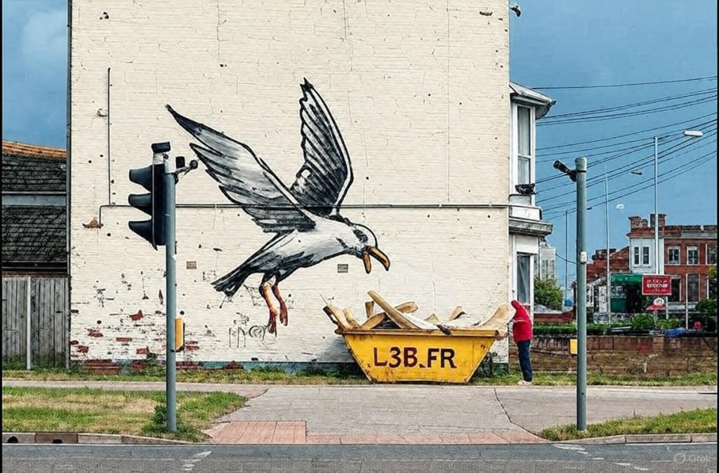🎈 Banksy à Lowestoft : la Mouette et la Benne L3B 1 Fresque Banksy Mouette Benne à déchets L3B.FR à Lowestoft
